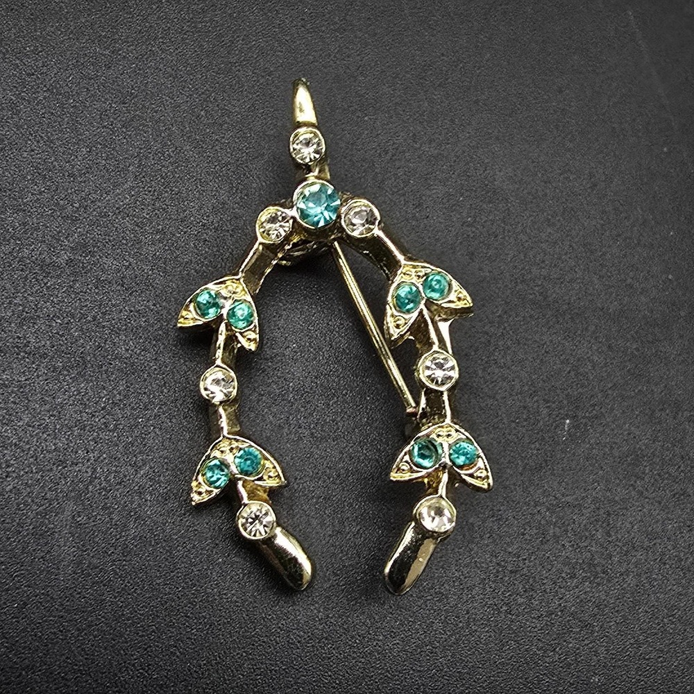 Petite Wishbone Brooch Gold Tone Blue Rhinestones Vintage Costume Jewelry